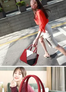 Detail of color-block tote bag with sturdy handles and geometric faux leather pattern