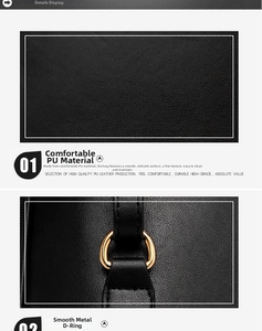 Close-up of black lychee grain PU leather texture and gold metal D-ring hardware detail