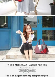 Detail of color-block tote bag made of premium PU leather with golden hardware