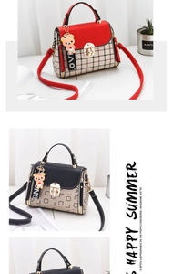 Detail of PU leather crossbody bags with plaid pattern, metal lock, and bear charm