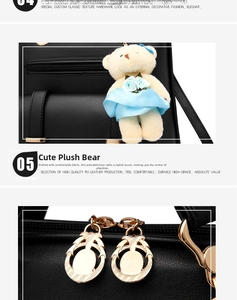 Detail of reinforced hardware, black PU leather texture, and cute bear pendant on backpack