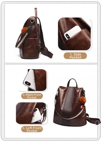 Detail of dark brown faux leather backpack with striped strap and plush ball charm