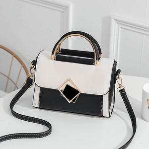 Petit sac carré bicolore noir et blanc en cuir avec poignée et boucle dorées élégant
