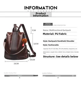 Brown faux leather backpack showing 33x15x32cm dimensions and multi-way carry options