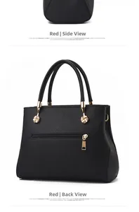 Side and back view of black lychee grain PU leather tote bag with gold zipper detail