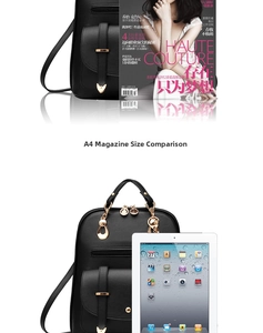 Capacity detail of black PU leather backpack compared with A4 magazine and tablet