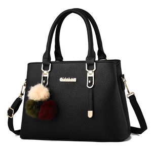 Women Handbag PU Leather Litchi Grain Large Capacity Shoulder Bag With Fur Ball Pendant Elegant Tote Fashion Office