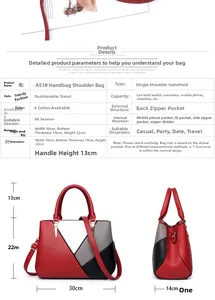 Size chart and dimensions for the high-end PU handbag showing detailed internal structure