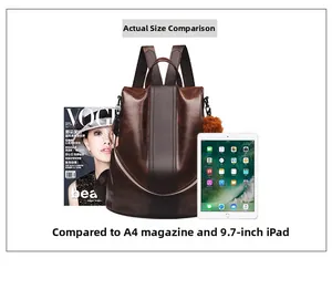 Brown leather backpack size comparison with A4 magazine and 9.7-inch iPad device