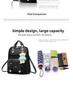 Detail view of black faux leather backpack with plush bear and daily essentials capacity
