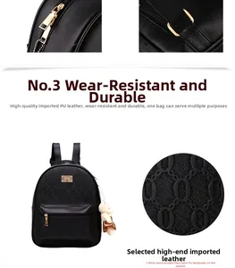 Detail of embossed PU leather texture and gold hardware on black backpack with bear charm