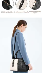 Detailed views of gold-tone hardware and crossbody style on color-block handbag