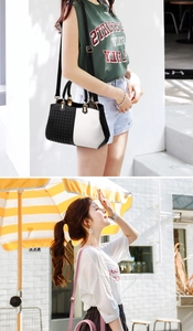 Detail of black and white patchwork handbag featuring leather weaving and gold metal buckle