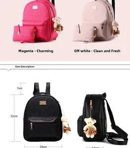 Detailed size view of casual backpack set with teddy bear charm and handbag