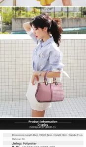 Pink PU leather handbag detail showing dimensions 28x12x18cm and woven texture