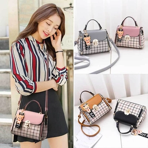 Chic checkered crossbody bag for women with round metal buckle and LOVE strap charm