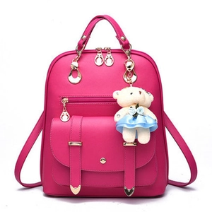 Fashionable rose pink PU leather backpack for women with a cute white bear pendant