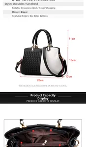 Detail view of bicolor handbag showing size dimensions and internal compartment structure
