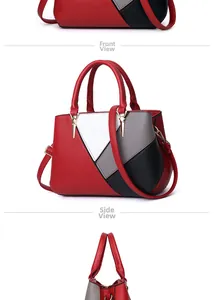 Detailed views showing geometric patchwork design and star pendant on red PU leather handbag