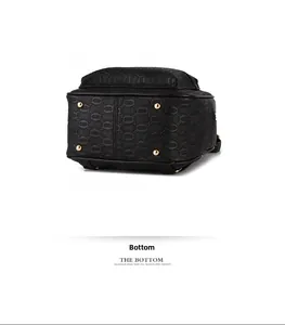 Detailed macro view of the black backpack bottom featuring four protective gold metal studs