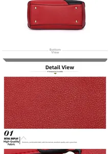 Detail view of red lychee grain leather with protective gold bottom rivets