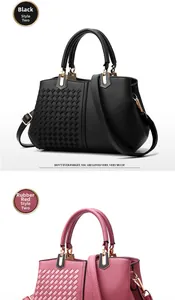 Detail of woven leather texture and gold hardware on black and reddish-pink handbags