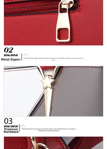 Macro detail of red and grey pebble grain leather bags with star metal buckles
