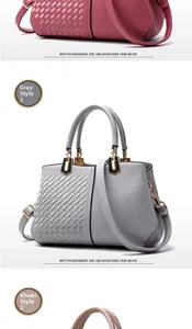 Detailed patchwork handbag showing woven textures in grey, khaki, and rose red colors