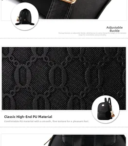 Detail of adjustable metal lock and chain embossed texture on black PU leather backpack
