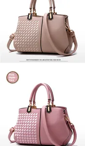 Detailed comparison of beige and pink textured woven handbags with gold-tone hardware