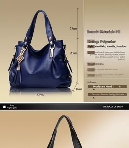 Detailed size specifications and internal structure diagram of blue faux leather handbag