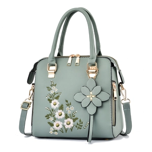 PU Leather Women Handbag Elegant Floral Embroidery Top Handle Shoulder Crossbody Bag With Flower Pendant Gold Hardware