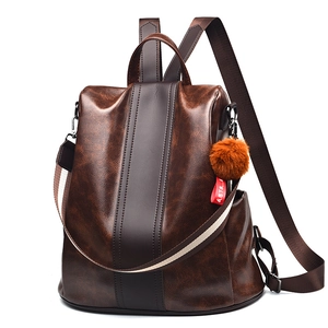 Vintage PU Leather Backpack Women Anti Theft Large Capacity Casual Travel Bag With Pom Pom Charm