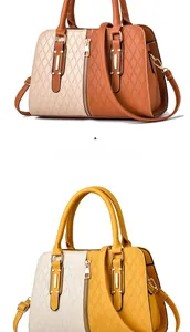 Detail view of color-block tote bags with diamond stitching and adjustable straps