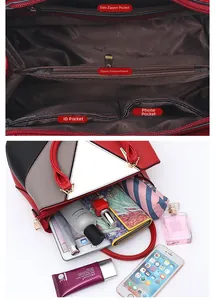 Internal view showing side zipper pocket and divider compartment of the geometric handbag