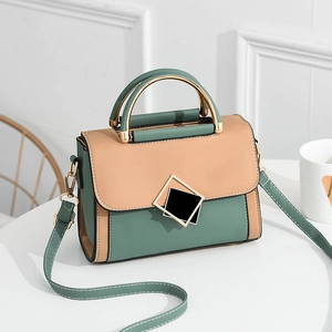 Green and beige patchwork PU leather crossbody bag with semi-circular gold metal handle