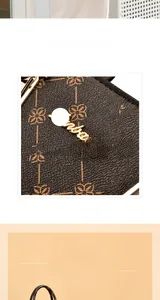 Detailed view of luxury golden metal logo plate on brown monogram pattern handbag