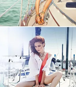 Detail of trendy brown high heel sandals with gold ankle straps on a yacht deck