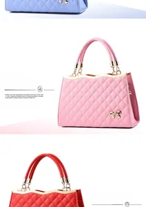 Detailansicht der gesteppten Handtaschen mit goldener Schleife in Pink und Rot