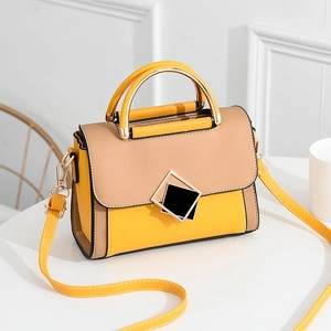Modern color-block PU leather crossbody bag with geometric buckle and metal handle