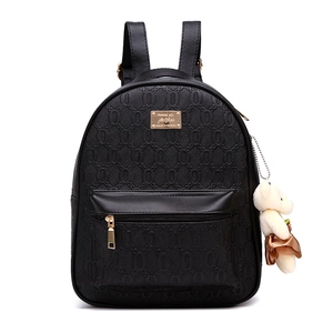 Minimalist black faux leather backpack with chain pattern embossing and gold hardware detail