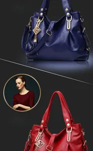 Detail of soft lychee pattern leather tote bags in royal blue and wine red colors