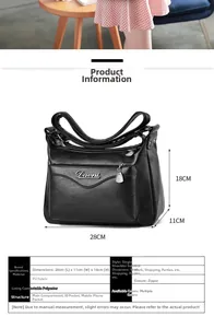 Detailed size chart showing 28x11x18cm dimensions for the black PU leather shoulder bag