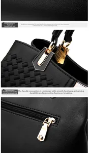 Detailed macro view of black PU leather texture, gold hardware and rear zipper closure