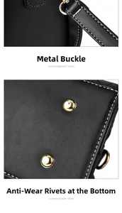 Detailed close-up of metallic strap hooks and protective bottom studs on black leather bag