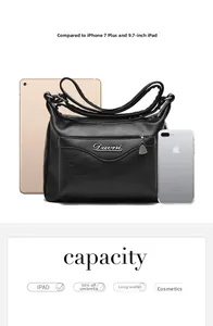 Detailed size comparison of the black soft leather crossbody bag with multiple compartments