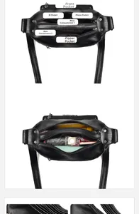 Detailed view of the large capacity black leather shoulder bag with multiple compartments