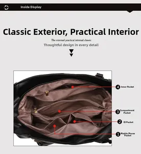 Detailed interior of the black leather tote bag featuring multiple functional organizer pockets