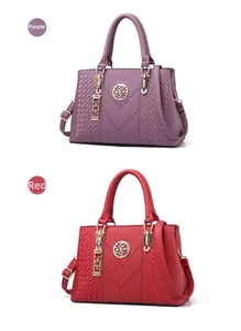 Detail of purple and red tote bags with woven texture and adjustable shoulder straps