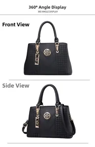 Detailed views of a black litchi leather tote bag with gold metal logo and shoulder strap